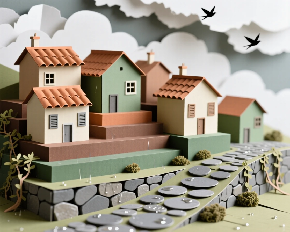 A terraced hillside village framed by dramatic clouds overhead, with cobblestones glistening from recent rain, evoking wanderlust and cultural charm.