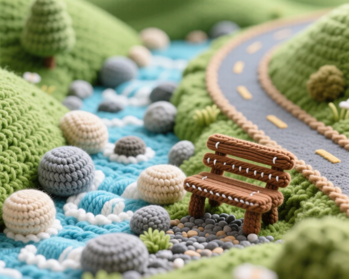A picturesque scene featuring a small rocky stream, tumbling gently over smooth stones, winding through a quiet green valley beside a gently winding countryside road, accompanied by a single wooden bench resting nearby, capturing gentle awe at nature's quiet grandeur.