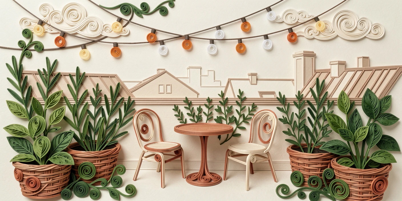 A relaxed modern lifestyle scene of a rooftop garden filled with herbs and string lights in a cozy neighborhood café, in warm neutral tones of beige and terracotta, composed with a fresh, airy, minimalist aesthetic.