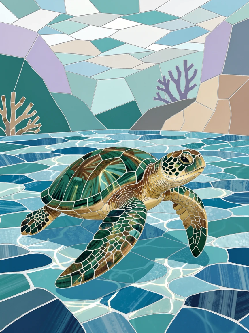 A vivid underwater scene of a sea turtle swimming gracefully through crystal-clear tropical water, rich in color and serene movement.