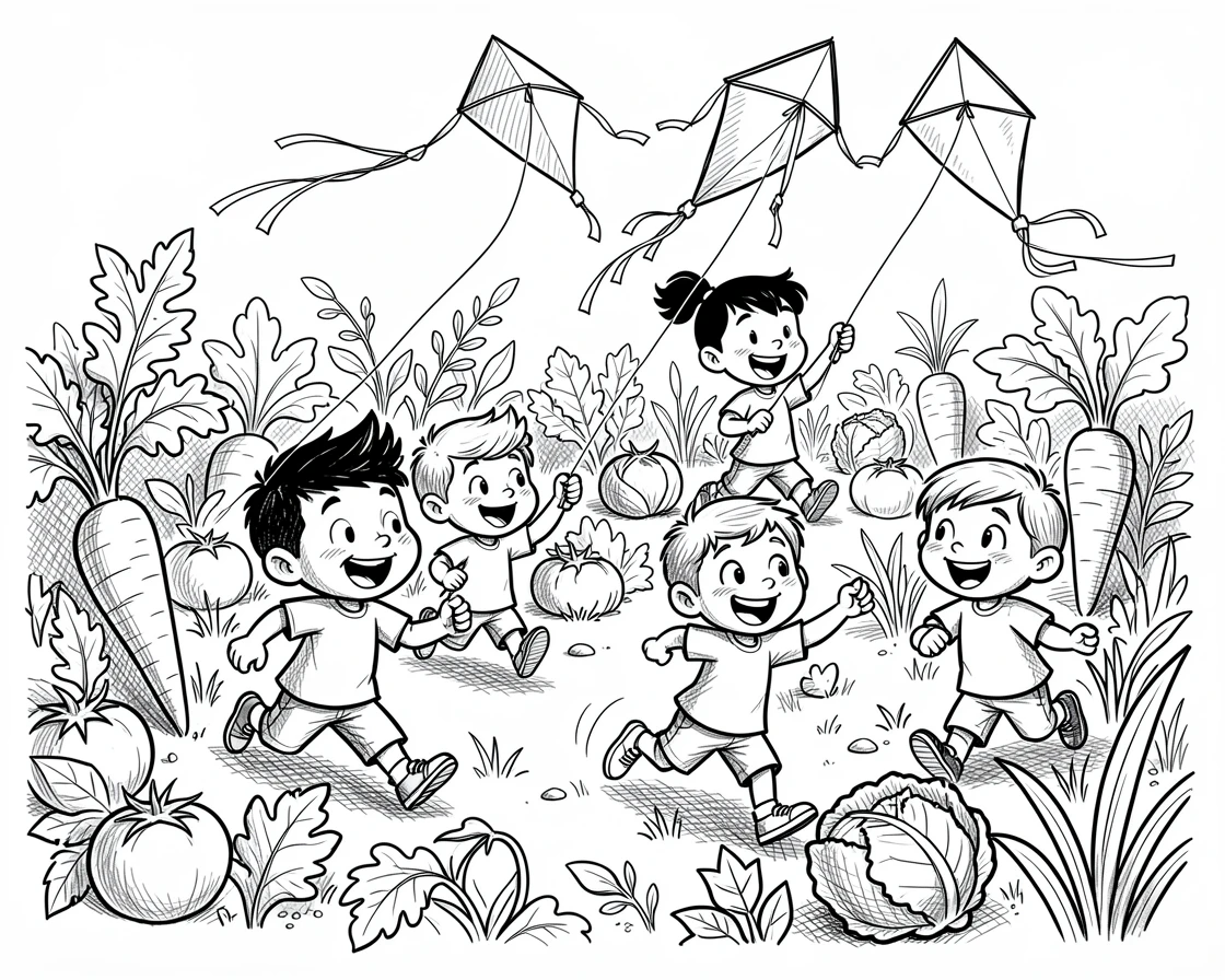 A group of children flying kites beside a garden full of vegetables.