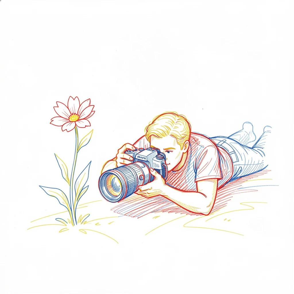 A photographer lying flat to capture the perfect angle of a wildflower