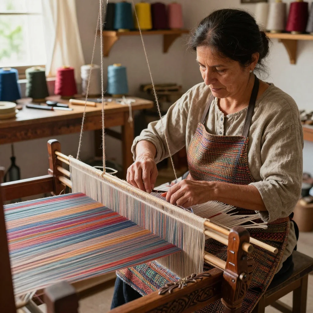 A silk weaver working an ornate traditional loom