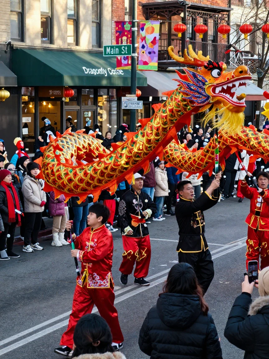 A giant paper dragon winds through a crowded street during a lunar new year parade.
