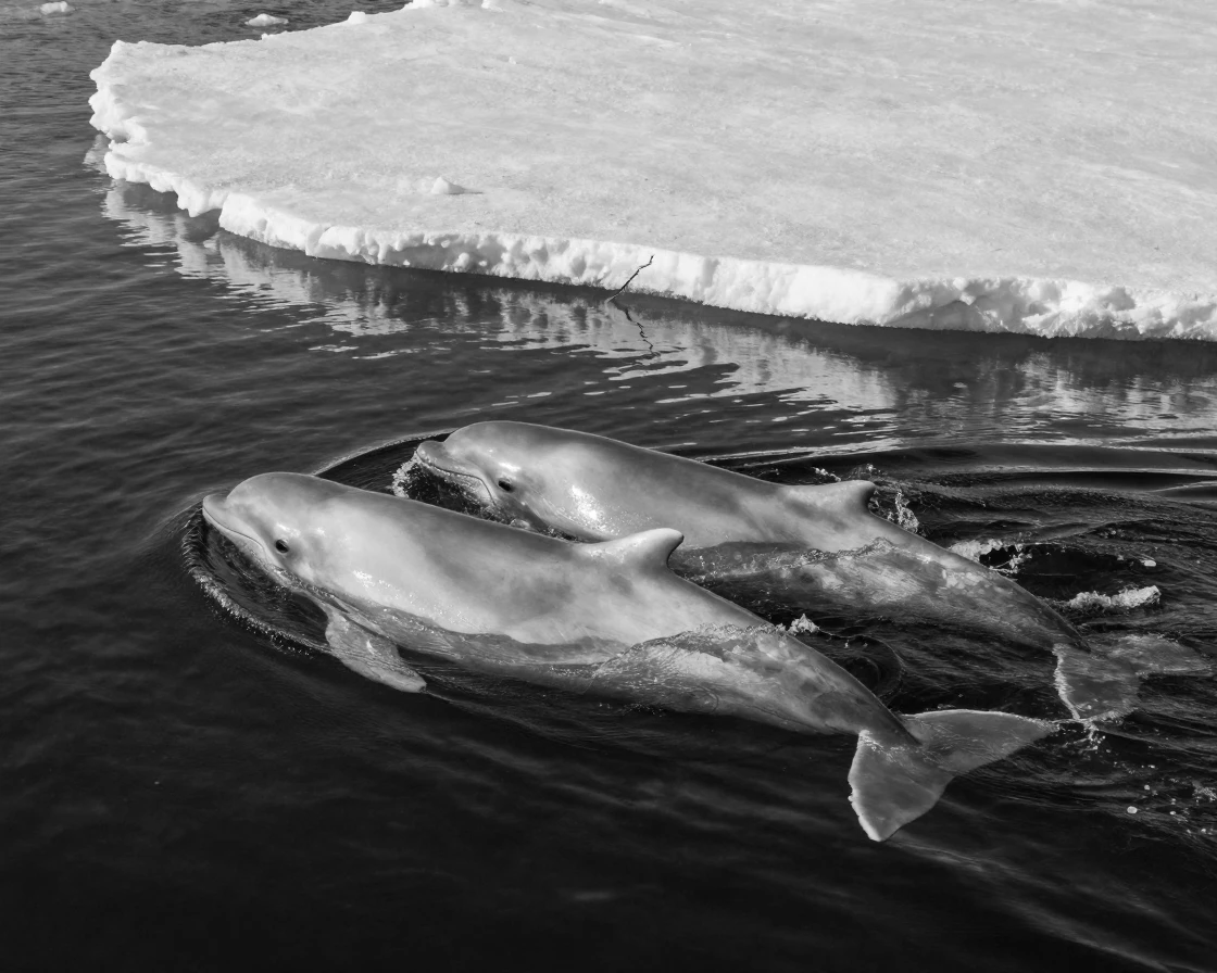 A pod of belugas surfaces through breaking ice beside a floating ice sheet.