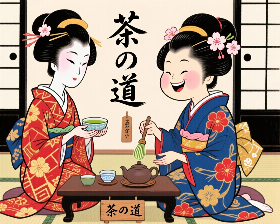 Women in elegant kimonos participating in a traditional Japanese tea ceremony.