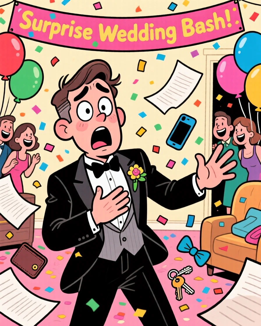 A funny expressive moment showing a nervous groom reacting with exaggerated shock to a surprise party, as papers and belongings scatter everywhere.