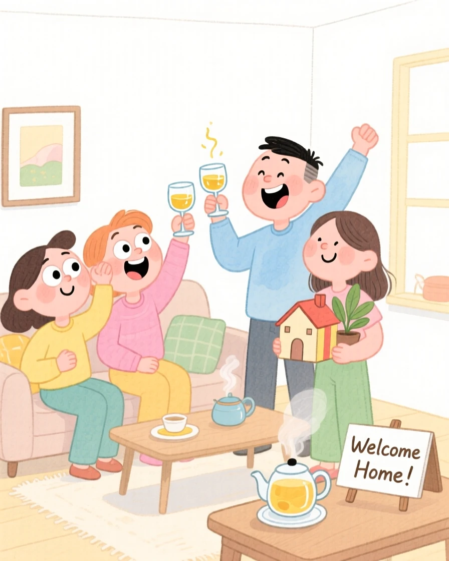 A joyful celebration scene of a housewarming party with friends toasting in a new home, filled with warmth and laughter