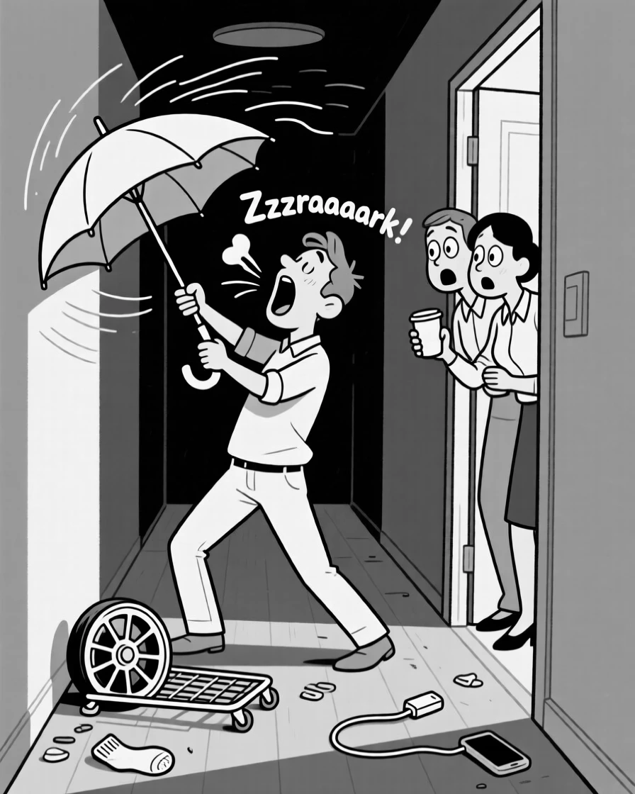 A person wrestling an umbrella that's turned inside out, snoring loudly enough to startle nearby coworkers, set in a dark hallway at home. A shopping cart wheel spins uselessly in place. The image turns a small mishap into pure comic gold.