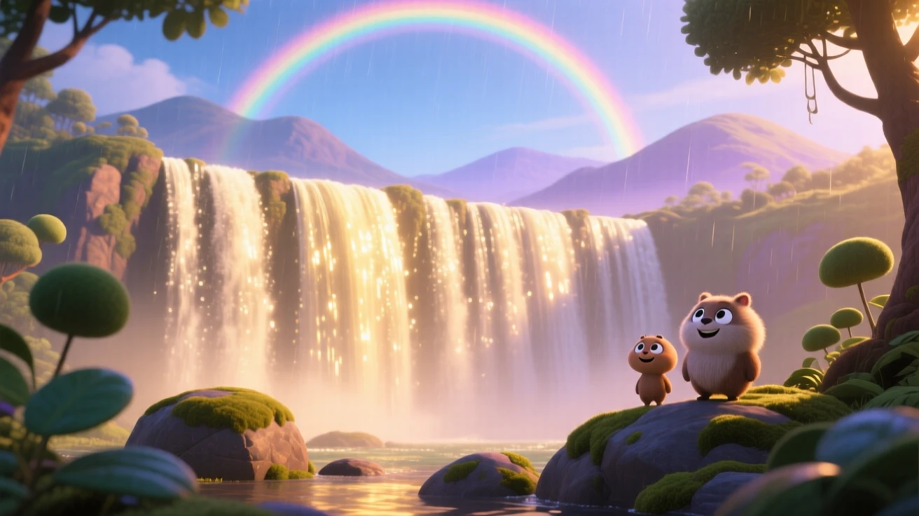 A towering waterfall glows while a rainbow arcs faintly overhead after a storm, with distant mountains fading into soft haze. The mood is serene, vast, and quietly majestic.