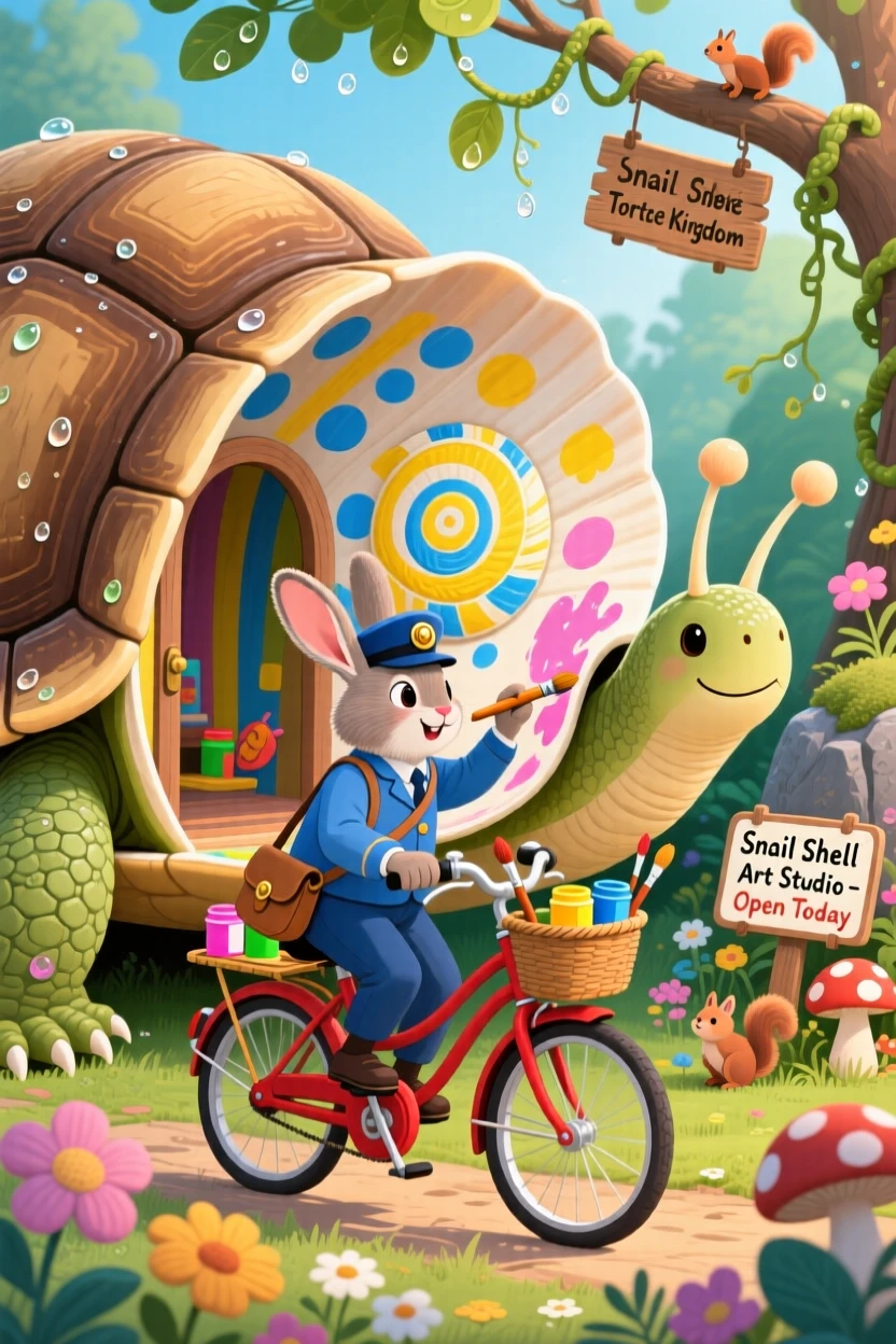 In a kingdom built on the back of a giant tortoise, a rabbit postman on a bicycle spends the day painting the inside of a snail's shell, with everything slightly too big or too small in a charming way.