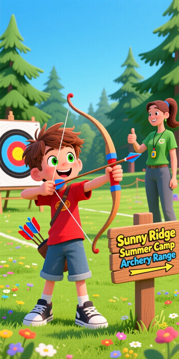 A child learning archery at a summer camp range.