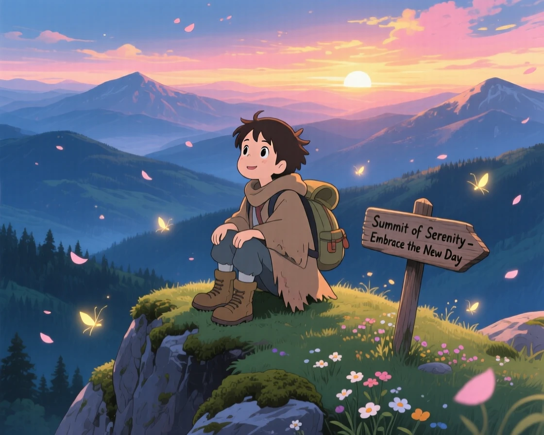 A tender moment of a traveler pausing to watch a sunrise from a mountaintop, the scene gently triumphant.