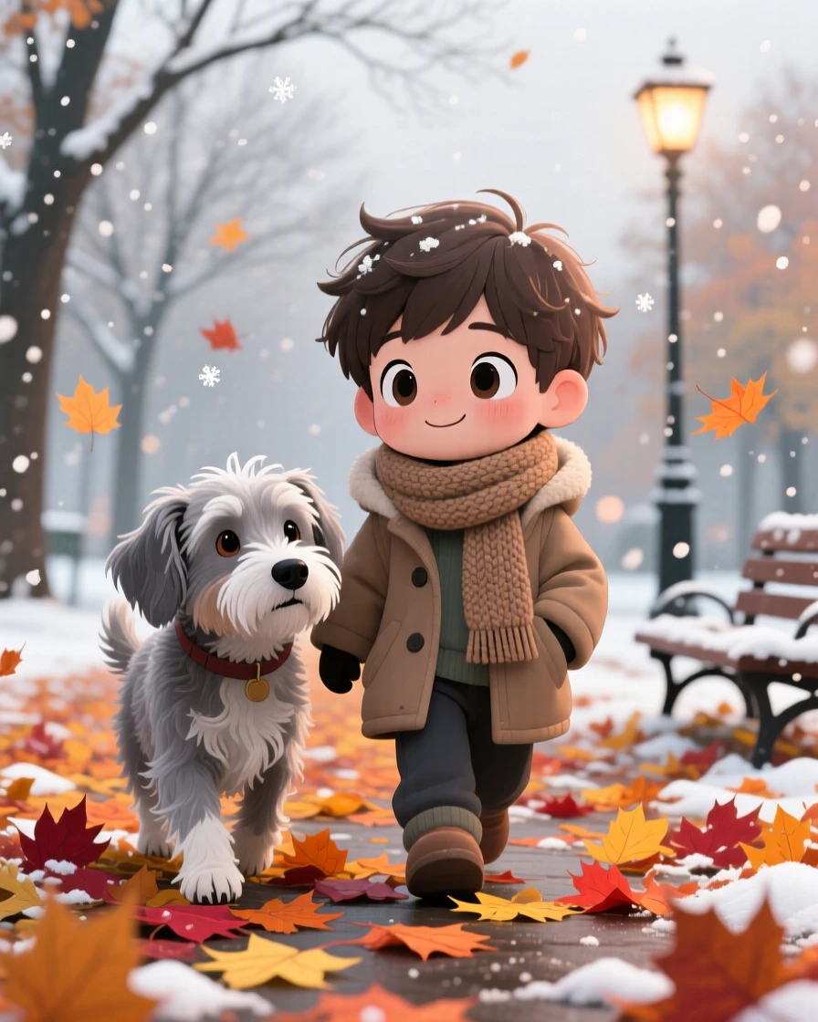 A boy and his old dog walking together through fallen leaves, framed as an extreme close-up within a quiet autumn park, during a cozy winter snowfall, glowing under diffused overcast light, evoking warm affection.
