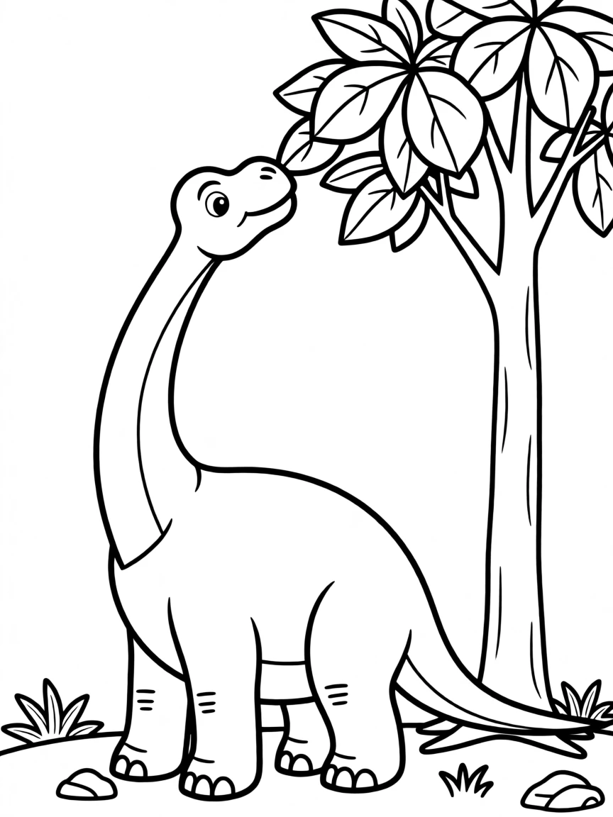 A gentle Brontosaurus reaching its long neck to eat treetop leaves