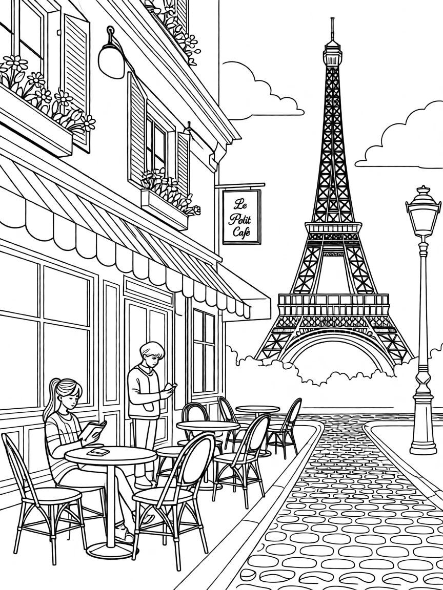 The Eiffel Tower rising above a Parisian street café, with cobblestone streets stretching into the distance.