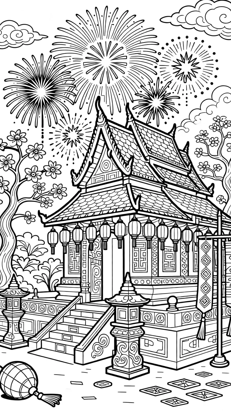 A festival of lights fireworks scene bursting above a decorated temple.