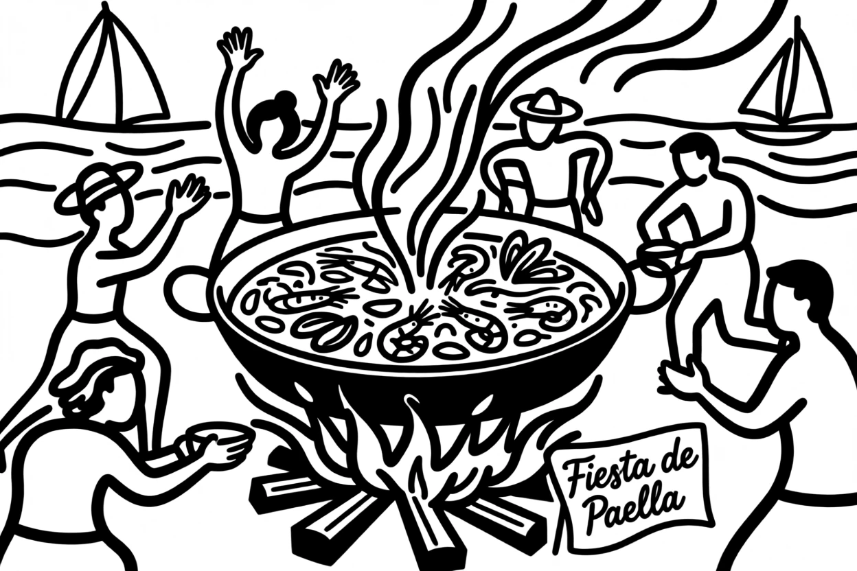A Spanish paella feast being cooked over an open fire at a coastal festival.