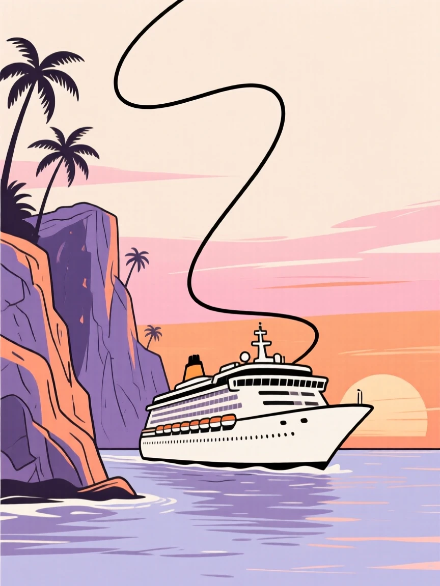 A cruise ship sailing past a dramatic tropical coastline at sunset.