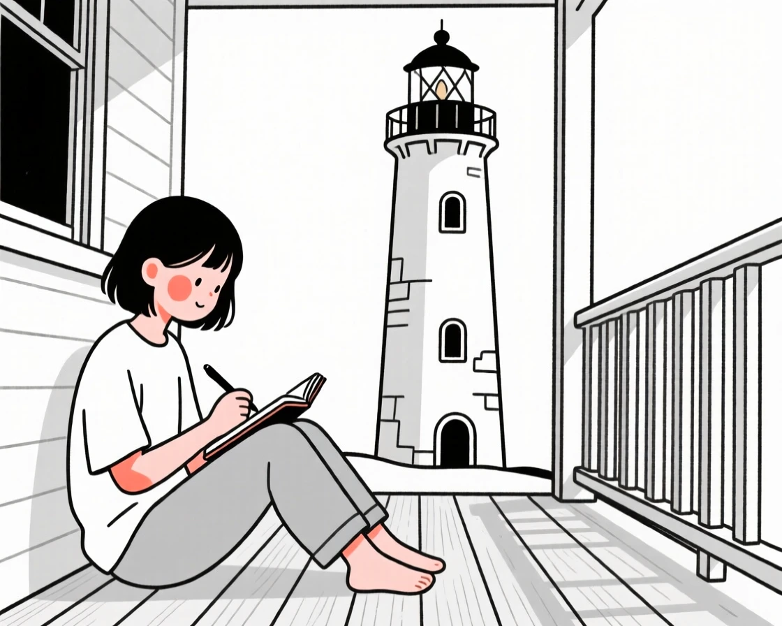 A teenage girl journaling on a quiet porch, beside an old lighthouse.