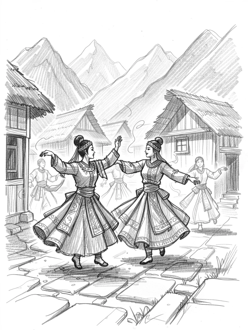 A rich travel moment capturing dancers performing in elaborate traditional costume in a remote mountain village, with the aroma of spices filling the air.