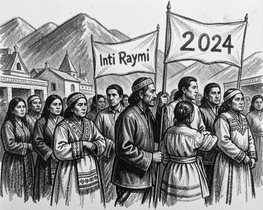 A Peruvian Inti Raymi sun festival procession, in a moment of quiet togetherness.