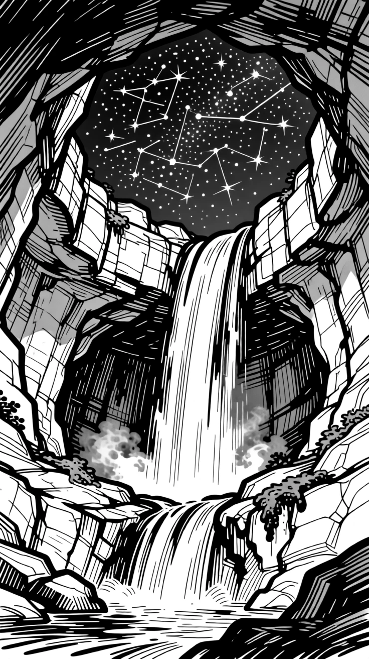A hidden grotto where waterfalls fall upward into a starlit sky.