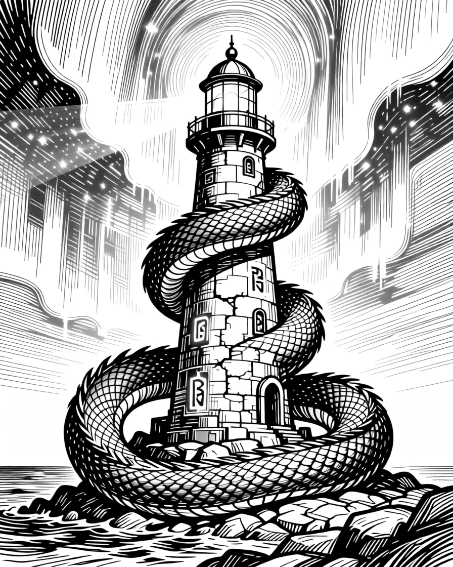A sea serpent coiling around a lighthouse under a sky streaked with aurora light, with glowing runes etched into ancient stone, forming a majestic and mythical fantasy scene.