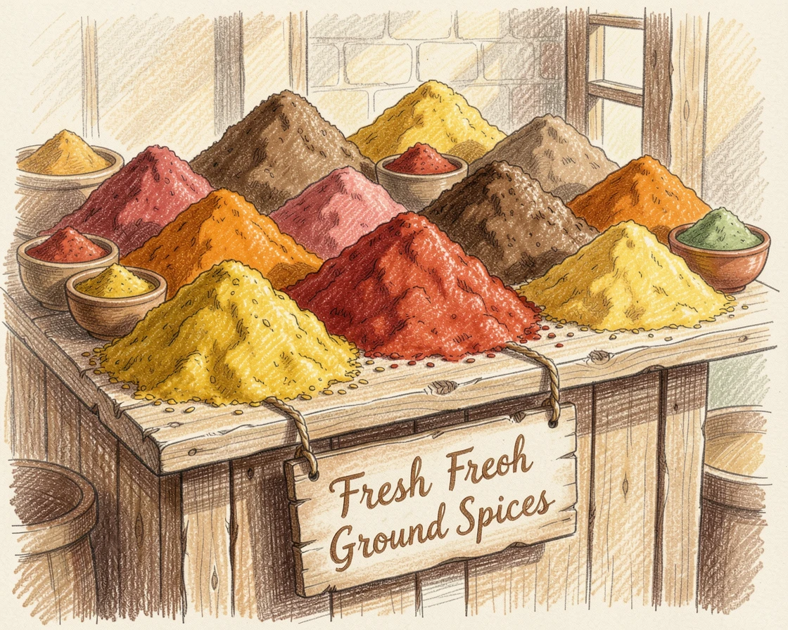 A spice market stall overflowing with colorful piles of ground spices, with a gentle play of light and shadow across the composition, radiating comfort, joy, and quiet beauty.