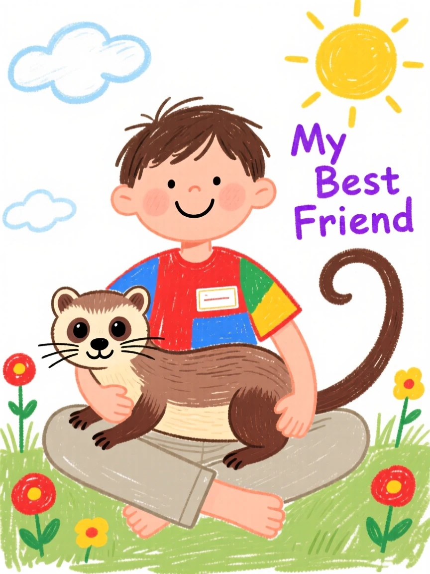 A curious ferret resting its head on a child's lap.