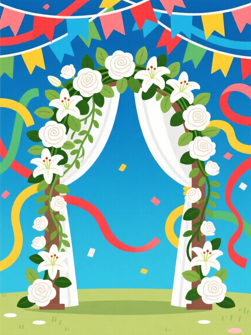 A wedding arch decorated with cascading white flowers, set against a backdrop of colorful bunting and streamers, composed with a lively sense of togetherness and joy, with a joyful sense of togetherness and celebration.