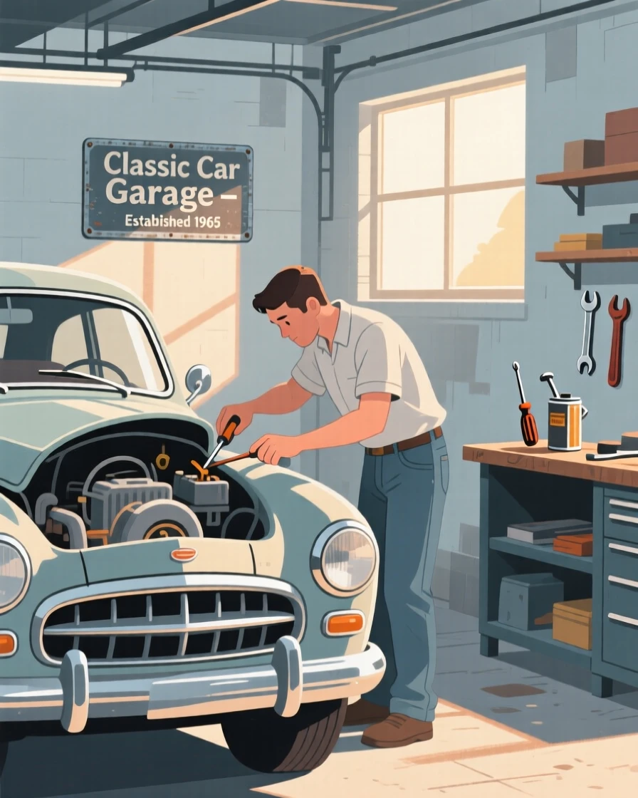A person restoring a vintage car in a sunlit garage.