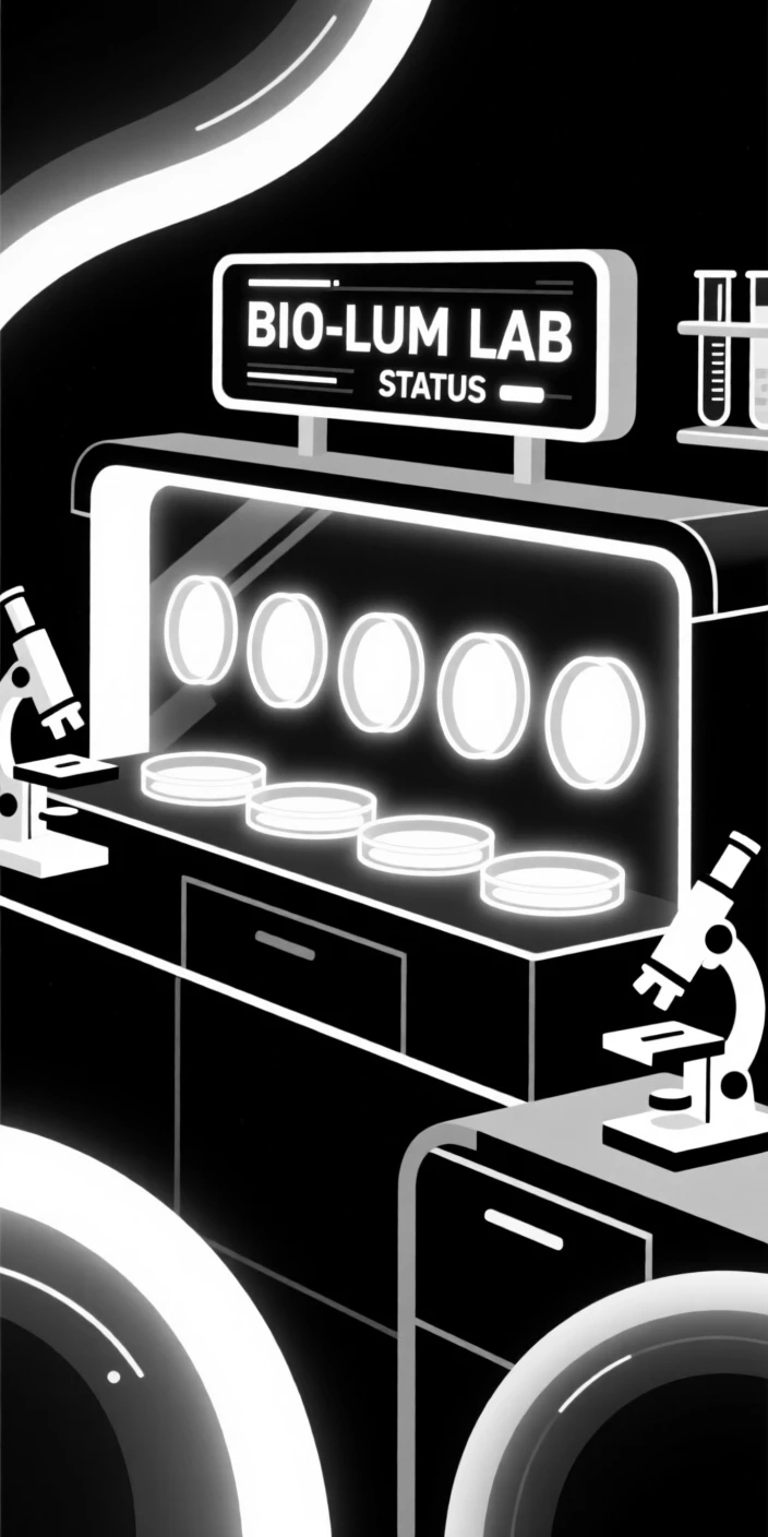 A bioluminescent lab display glowing in the dark.