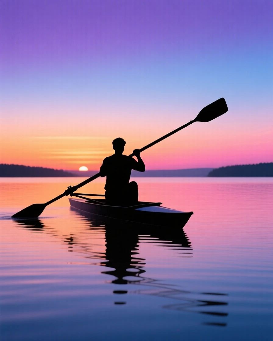 A rower alone on a still lake at dawn, oars raised mid-stroke.