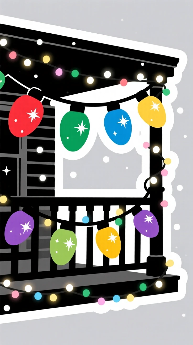 A sparkling and celebratory string of colorful holiday lights on a porch, surrounded by twinkling fairy lights, at a joyful family gathering.