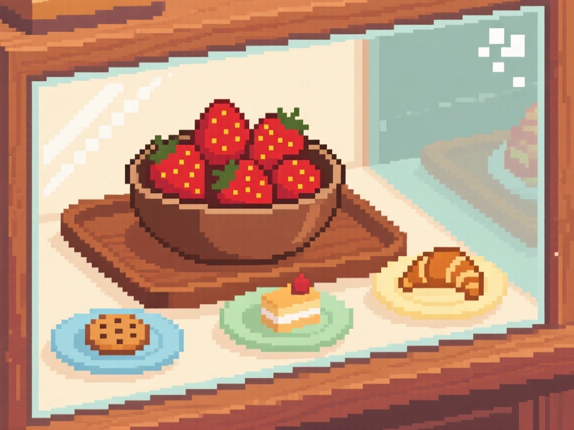 A bowl of fresh strawberries served on a tray with tiny side dishes, in a cozy bakery display case.