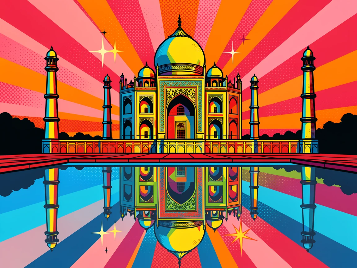 The Taj Mahal reflected in a still pool at sunrise
