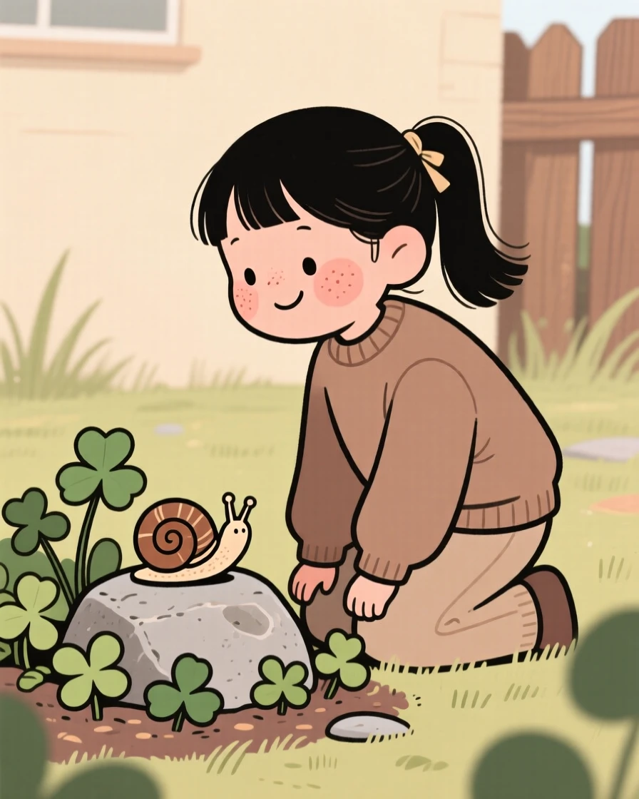A curious young girl kneels beside a snail on a stone in the backyard patch of clover, watching intently as it spins in a lazy circle.