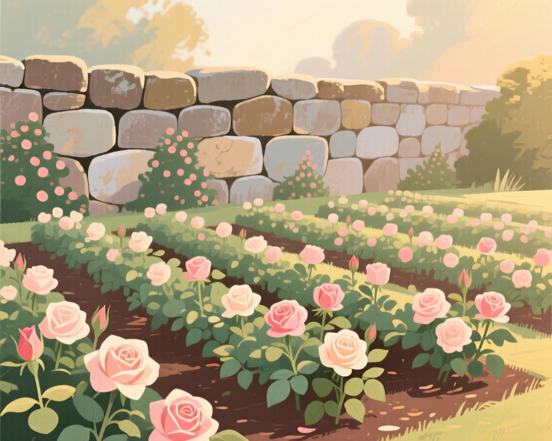 A rose garden arranged in neat rows beneath an old stone wall