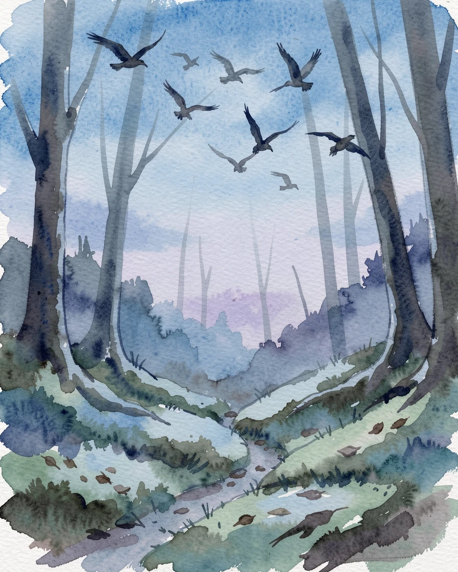 A moss-covered forest floor in the blue light of dusk with a flock of birds crossing the sky.