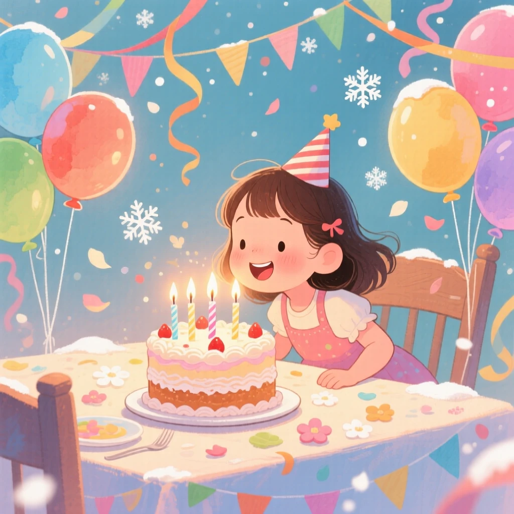 A little girl blowing out candles on her birthday cake, in a table decorated with balloons and streamers, with soft snow or petals drifting gently through the scene, evoking pure childhood happiness.