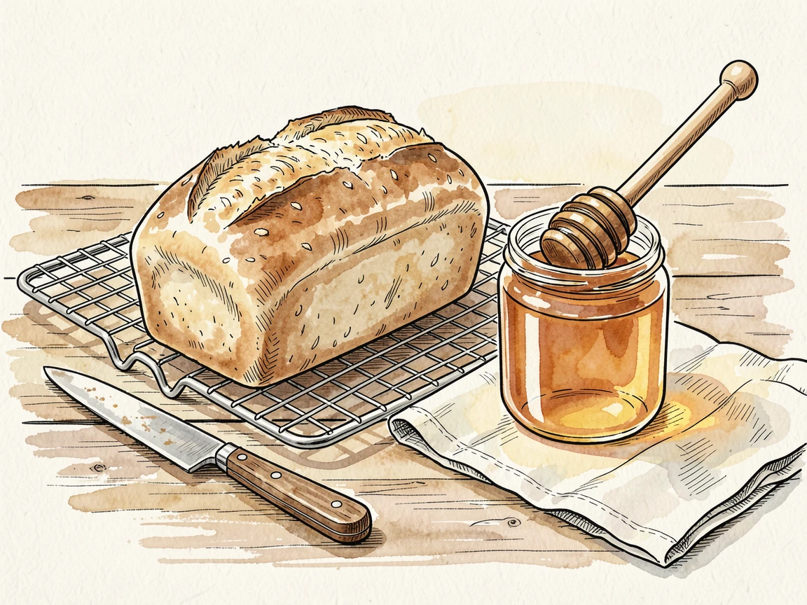 A rustic loaf of sourdough bread cooling on a wire rack beside a jar of honey, rustic tableware adding warmth and character to the setting.