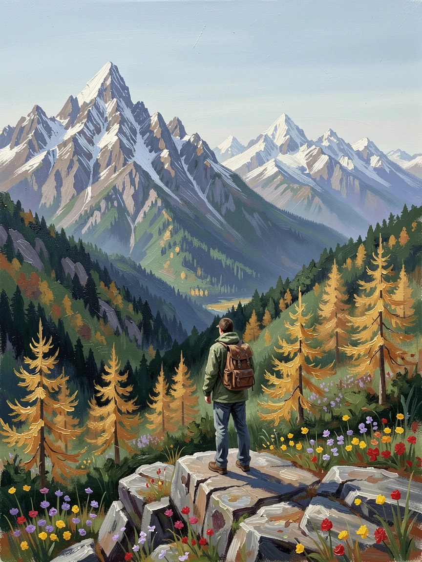 Overlooking a deep green valley dotted with wildflowers, a jagged, snow-capped mountain range, a lone hiker pausing on an outcrop to take in the view, on a crisp autumn morning with golden larches far below.