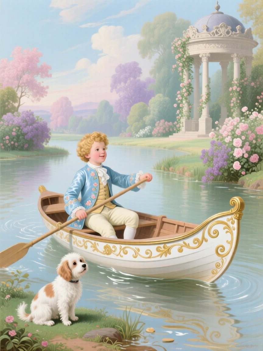 A boy rowing a small boat while his dog watches from the shore  