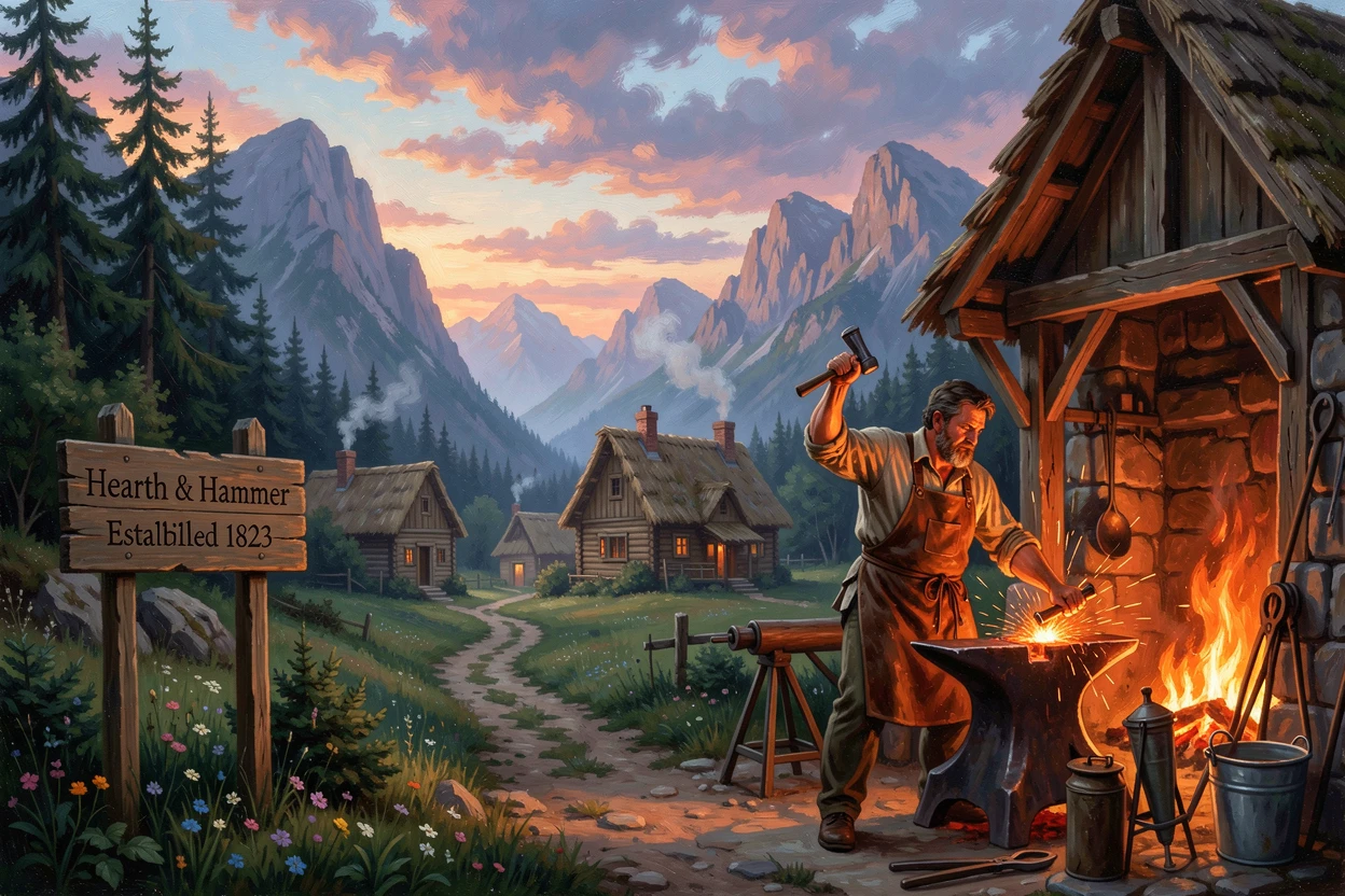 A blacksmith's forge glows at the edge of a quiet mountain village.