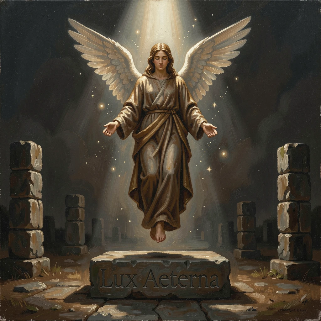 A celestial being descending gently through a beam of heavenly light, as glowing magical elements illuminate the surrounding darkness, combining epic scale with rich, immersive atmospheric detail