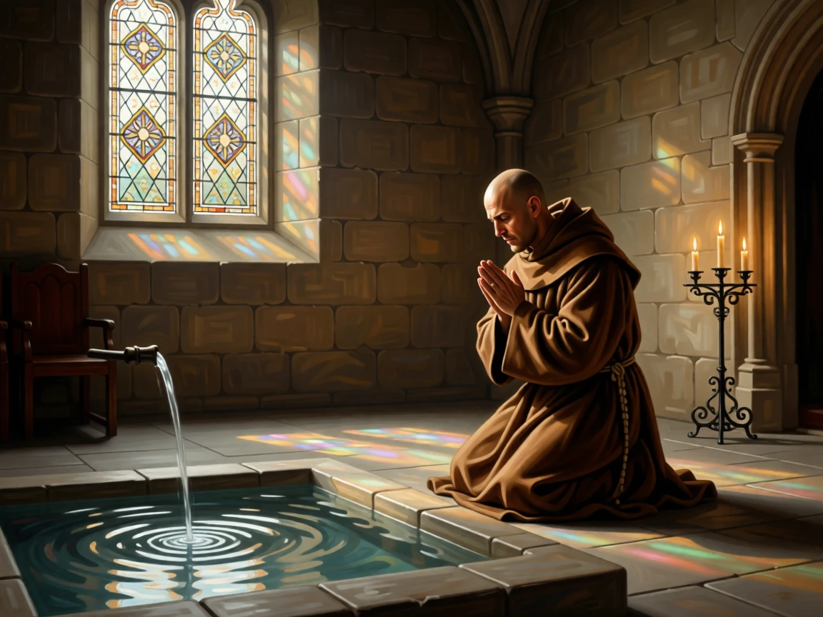 A monk in quiet prayer within a candlelit stone chapel as ancient wisdom passes gently to the next generation, set beside a sacred spring reflecting the morning sky, with soft, radiant light breaking gently through clouds or stained glass; a low, humble viewpoint elevates the sacred over the everyday, suggesting the enduring comfort of belief and community.