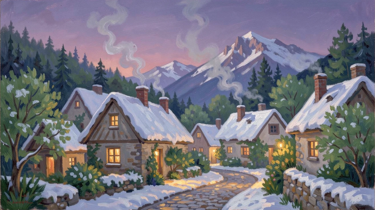 A snow-dusted mountain village at twilight, warm light glowing from cottage windows, smoke curling from chimneys into a violet sky, in the lush green of midsummer, filled with warmth and nostalgia.