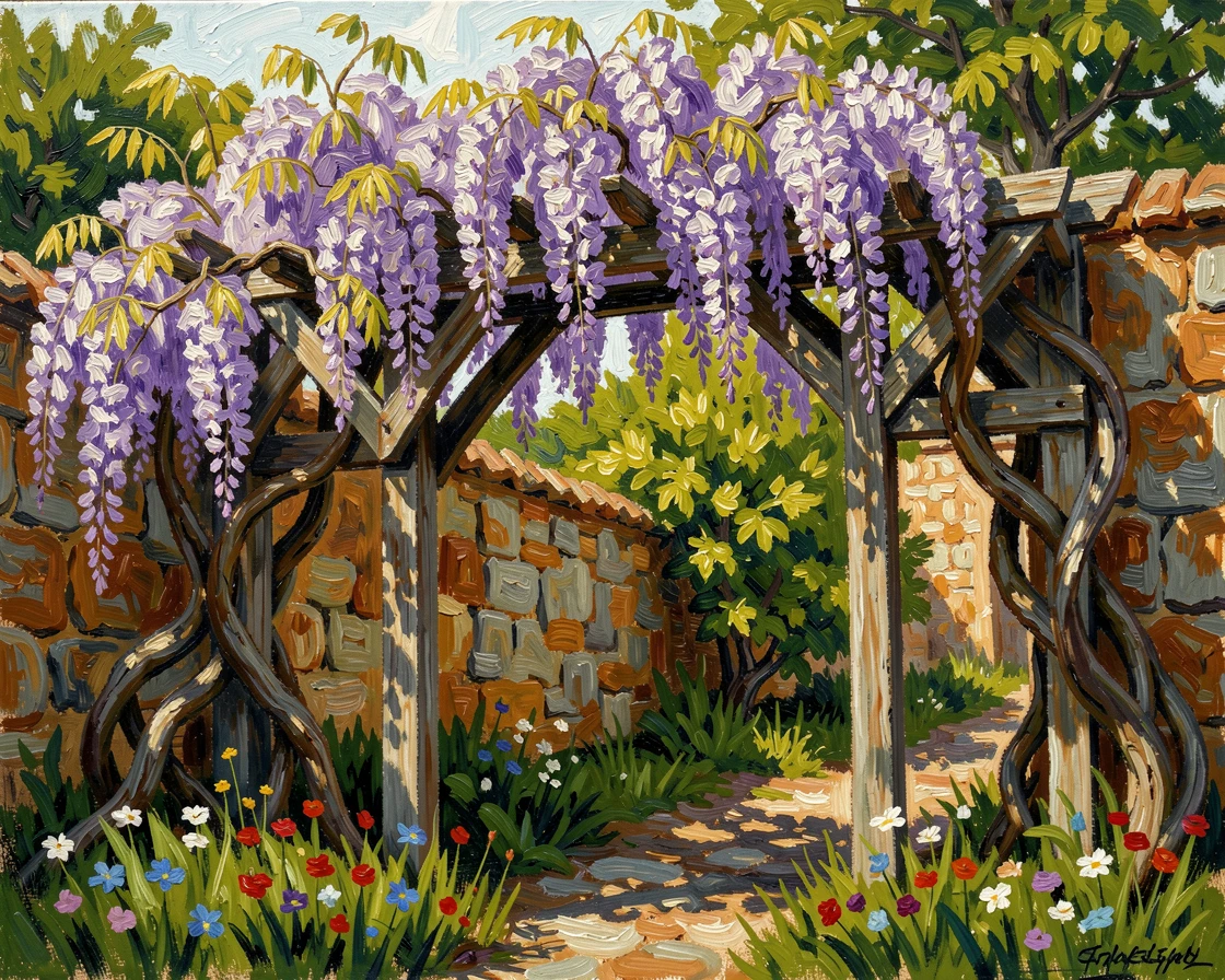 A walled garden with climbing wisteria draping over an old wooden archway.