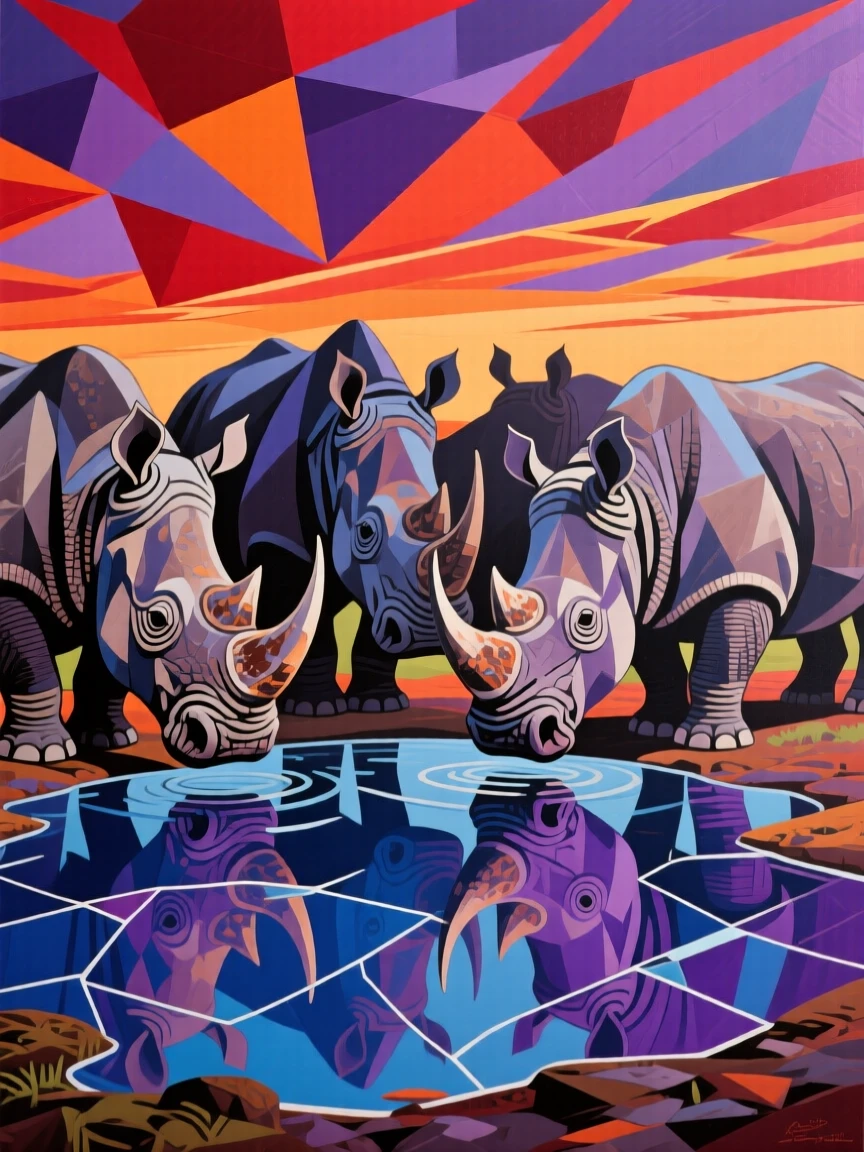 A striking view of a rhinoceros gathering near a watering hole at dusk beneath a dramatic sky.